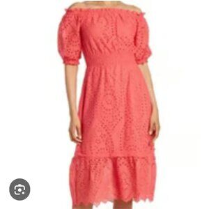 NWT BETSY JOHNSON Midi Dress SZ Small Pink Coral Eyelet Off Shoulder Puff Sleeve